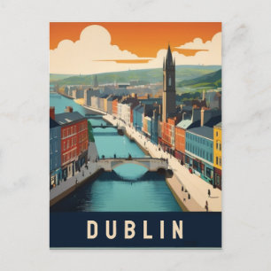 Dublin Ireland Retro Travel Art River scene Postcard