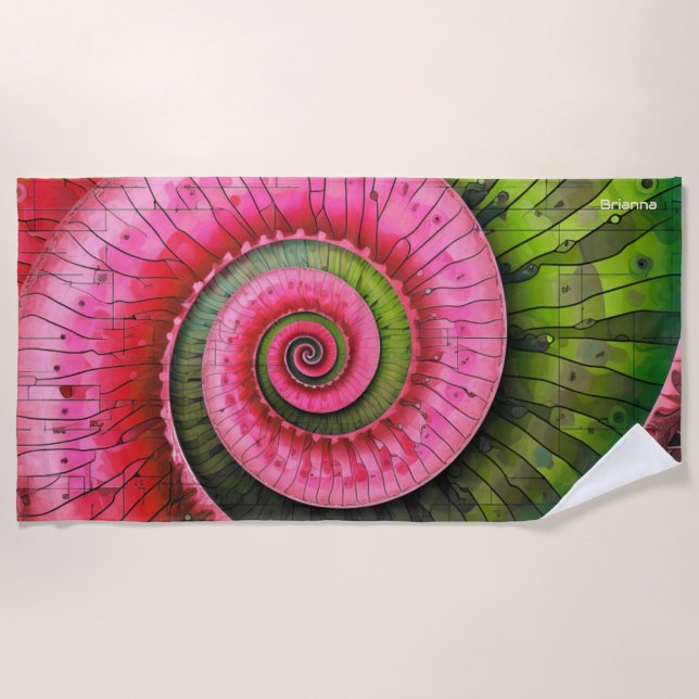 Dubman Designs: Glowing Pink and Green Fibonacci  Beach Towel (Front)