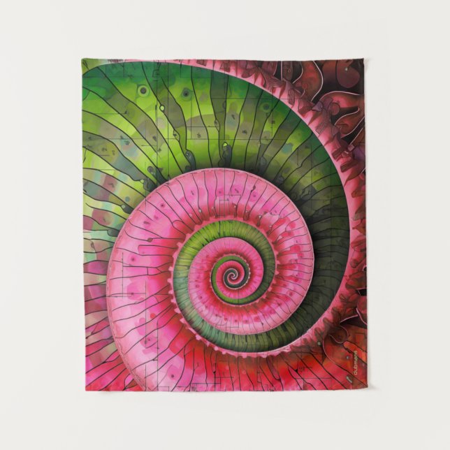 Dubman Designs: Glowing Pink and Green Fibonacci  Tapestry (Front)