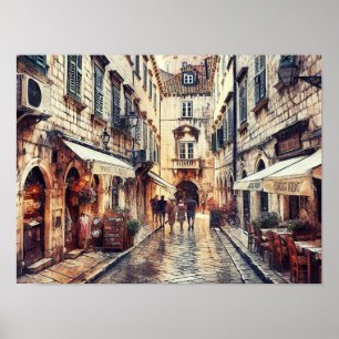 Dubrovnik Croatia street Tower watercolor Poster