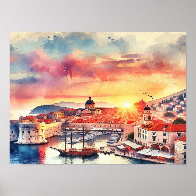  Dubrovnik Croatia Sunrise watercolor Poster (Front)