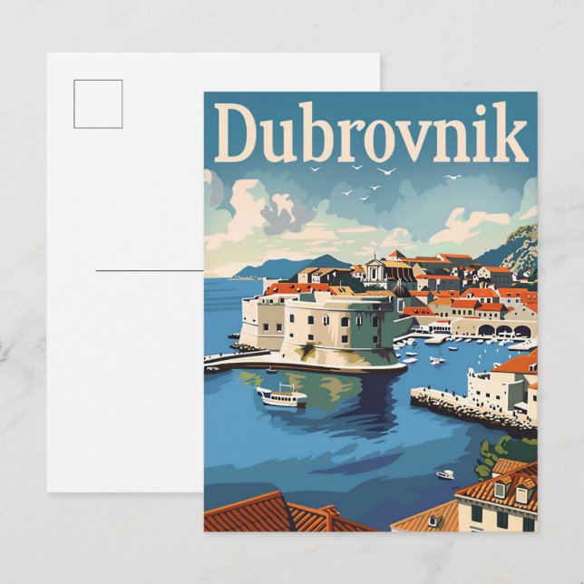 Dubrovnik Croatia Vintage Travel Illustration Postcard (Front/Back)