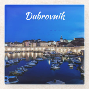 Dubrovnik harbor and walls illuminated at night glass coaster