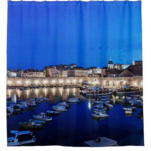 Dubrovnik harbor and walls illuminated at night shower curtain