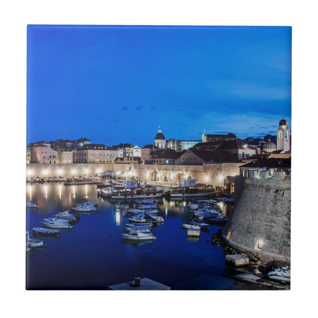 Dubrovnik harbor and walls illuminated at night tile (Front)