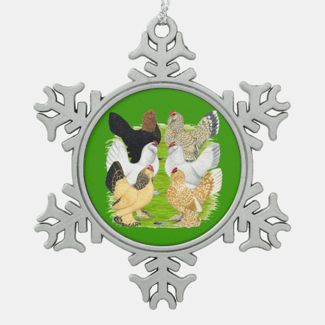 D'Uccles Six Hens Snowflake Pewter Christmas Ornament (Front)