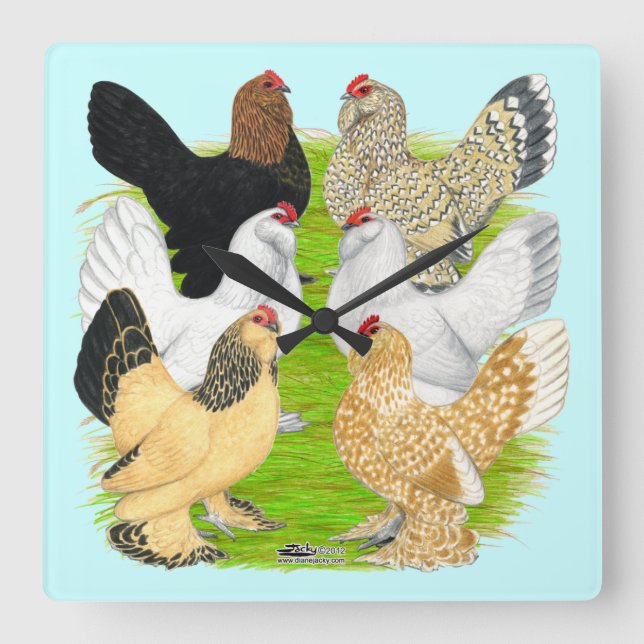 D'Uccles Six Hens Square Wall Clock (Front)