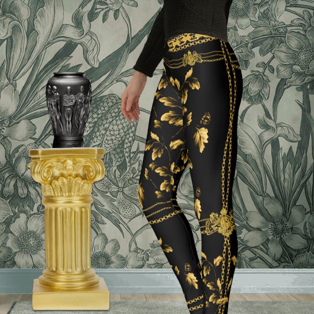 Duchess Gold Leaf Chain Lion Emblem Black Riding Leggings (Creator Uploaded)
