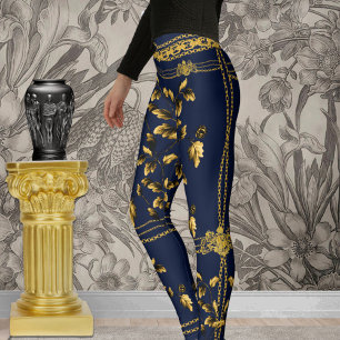 Duchess Gold Leaf Chain Lion Emblem Navy Blue Leggings