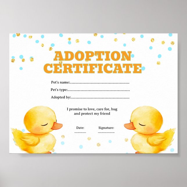 Duck adopt a pet certificate poster (Front)