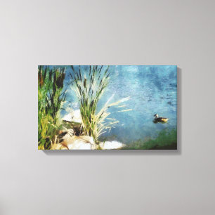 Duck and cattails painting canvas print