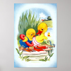 Duck and chick going swiming poster