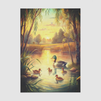 Duck and Ducklings in a Pond at Sunrise Tissue Paper