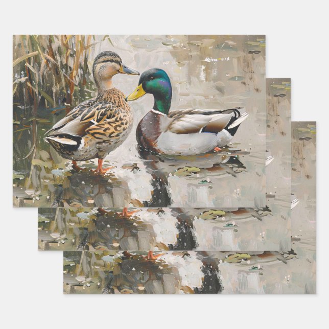 Duck and Mallard Wildlife Painting Decoupage Wrapping Paper Sheet (Set)