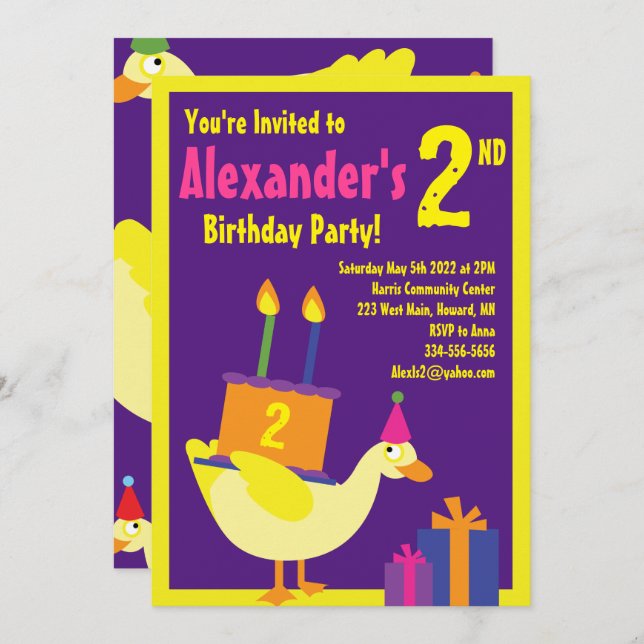 Duck Animal Kid's Birthday Party Invitations (Front/Back)
