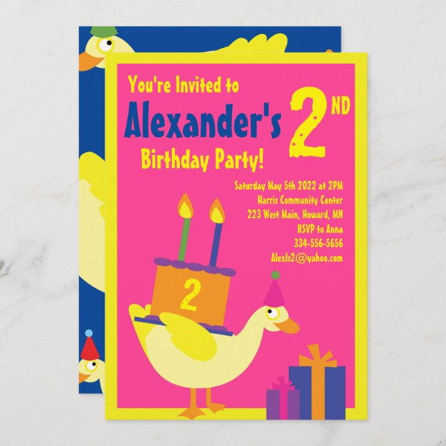 Duck Animal Kid's Birthday Party Invitations (Front/Back)