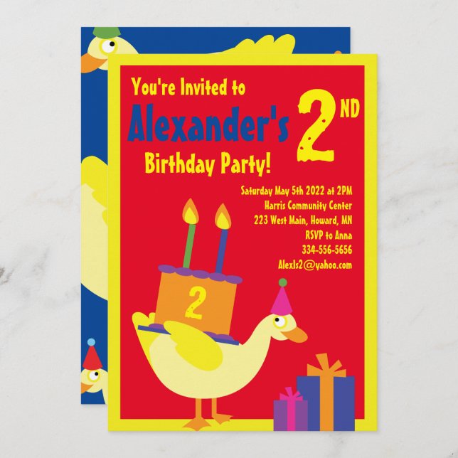 Duck Animal Kid's Birthday Party Invitations (Front/Back)
