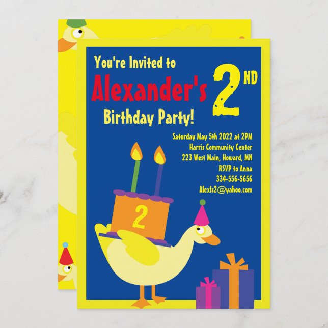 Duck Animal Kid's Birthday Party Invitations (Front/Back)