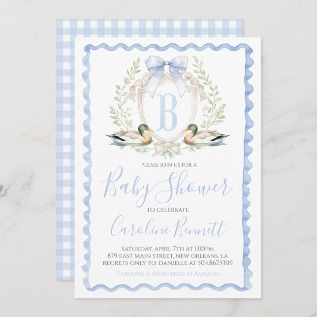 Duck Baby Boy Shower Preppy Gingham Blue Invitation (Front/Back)