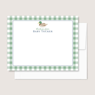 Duck Baby Boy Thank You Preppy Gingham Stationery Card