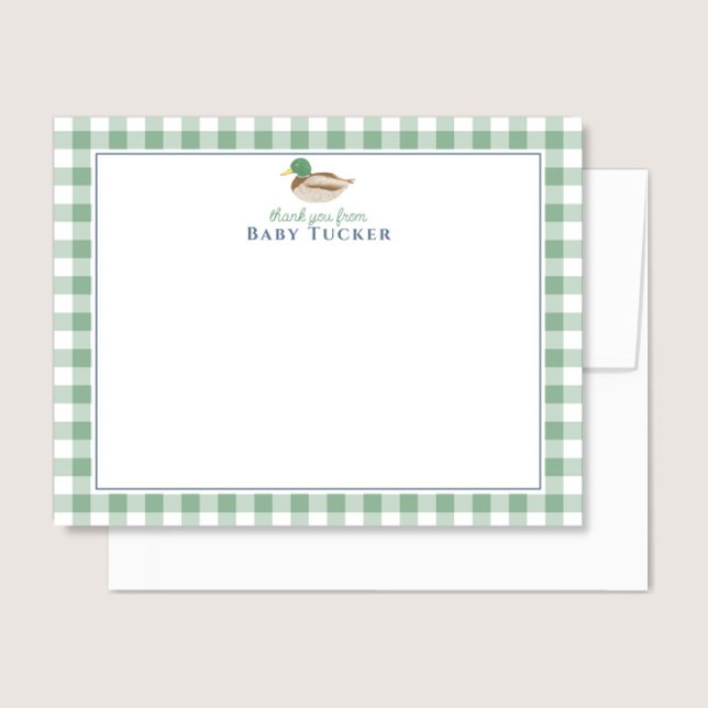 Duck Baby Boy Thank You Preppy Gingham Stationery Card (Creator Uploaded)
