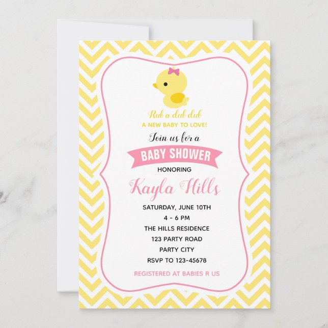 Duck Baby Girl Shower Invitations (Yellow Chevron) (Front)