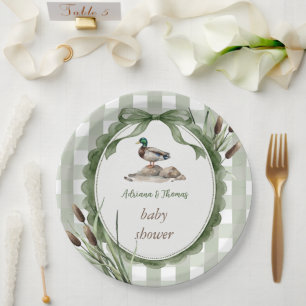 Duck Baby Shower Gingham Sage Paper Plate