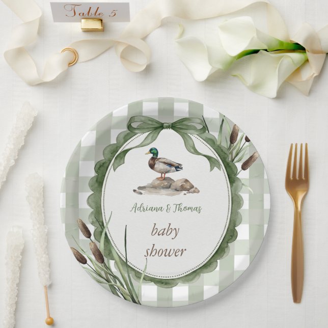 Duck Baby Shower Gingham Sage Paper Plate (Wedding)
