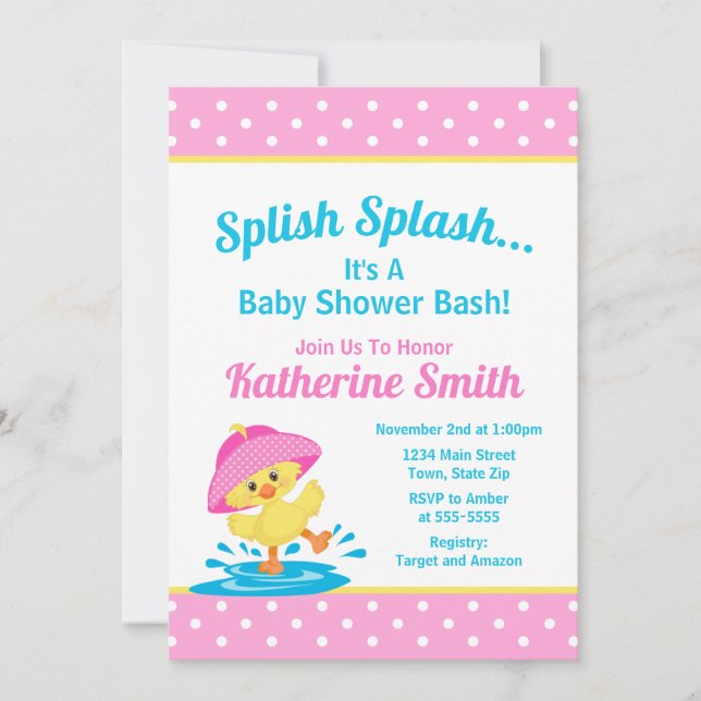 Duck Baby Shower Invitation Pink Duck Girl (Front)