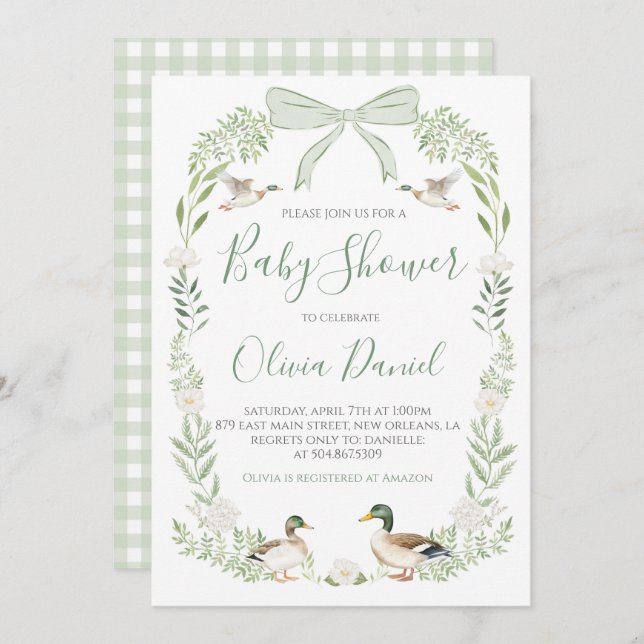 Duck Baby Shower Preppy Coquette Sage Green Invitation (Front/Back)