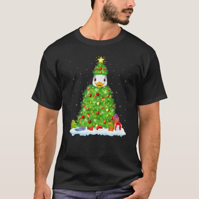 Duck Bird Xmas Lighting Tree Funny Duck Christmas T-Shirt (Front)