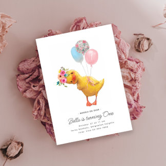 Duck Birthday Party Invite Modern Floral Cute Duck