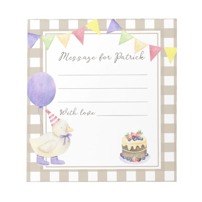 Duck birthday time capsule message notepad (Front)