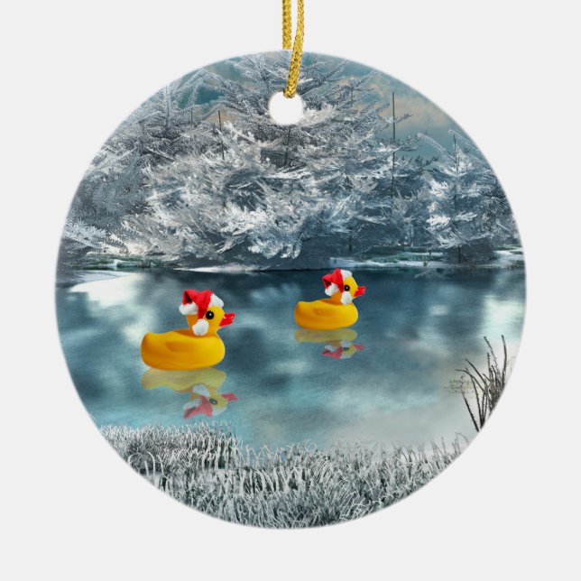 Duck Duo Christmas 2 Ceramic Ornament (Front)