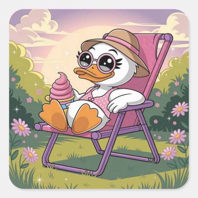 Duck eating summer ice-cream  square sticker (Front)