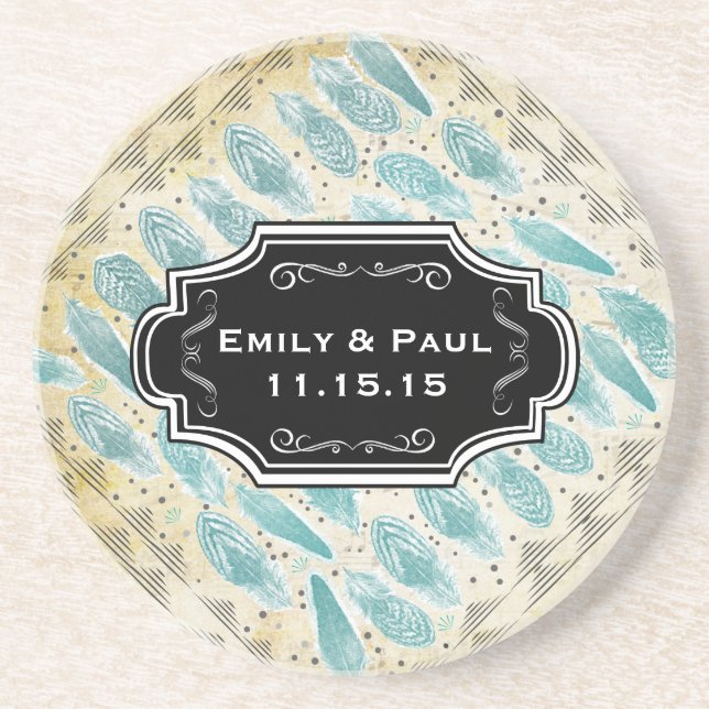 Duck Egg Blue Feather Pattern Wedding Coasters (Front)