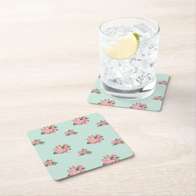Duck egg blue floral square paper coaster (Insitu)