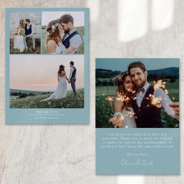 Duck Egg Blue Minimalist 4 Photo Wedding Thank You Card (Creator Uploaded)