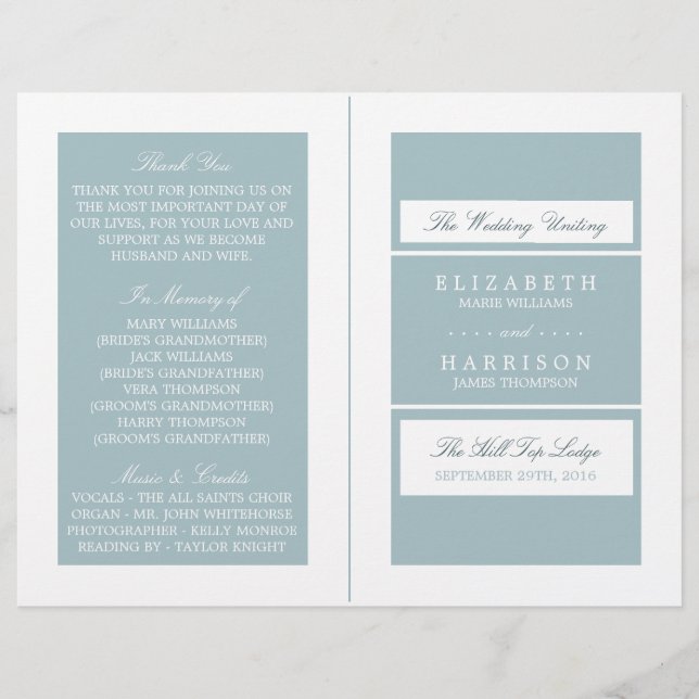 Duck Egg Blue Modern Wedding Bi-fold Program (Front)