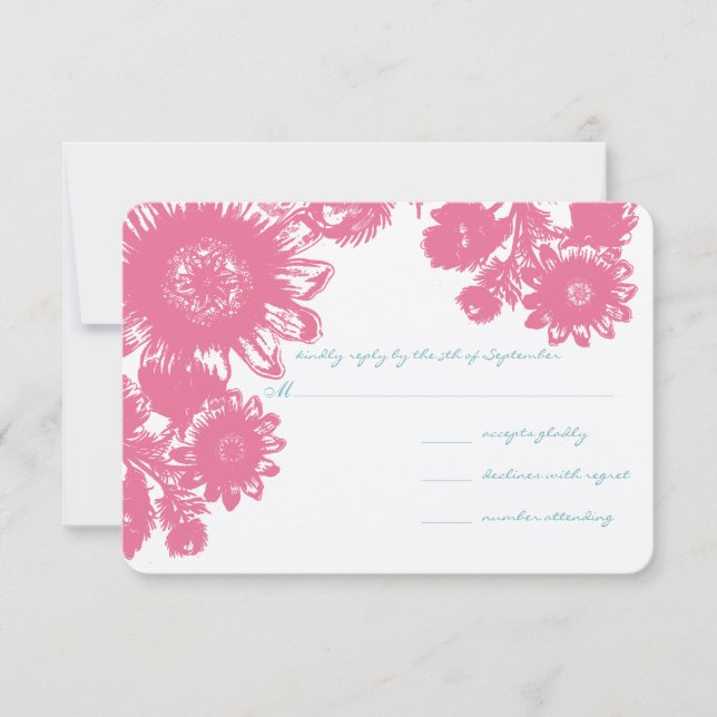 Duck Egg Blue & Pink Vintage Flower Wedding RSVP (Front)