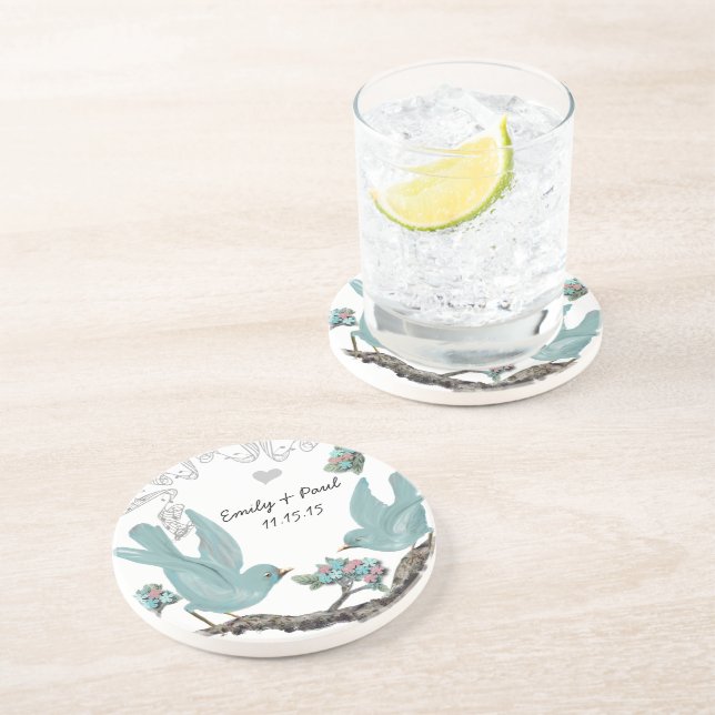 Duck Egg Blue & Pink Vintage Love Birds Coasters (Side)