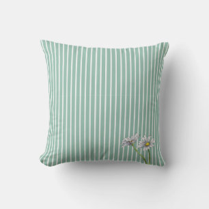 Duck Egg Blue Striped Floral Watercolor Daisy Cushion