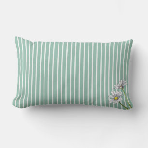 Duck Egg Blue Striped Floral Watercolor Daisy Lumbar Cushion