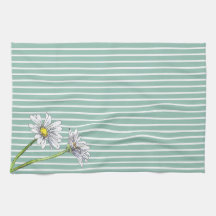 Duck Egg Blue Striped Floral Watercolor Daisy