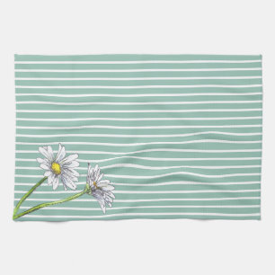 Duck Egg Blue Striped Floral Watercolor Daisy Tea Towel