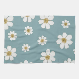 Duck Egg Blue with Daisies Pattern Tea Towel