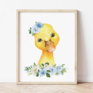 Duck, Farm Animals, Blue Flowers, Boy Nursery Photo Print