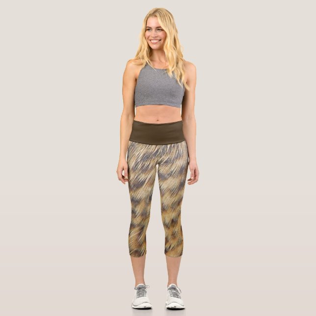 Duck Feather Photo Animal Print Gold Brown Spotted Capri Leggings (Front)