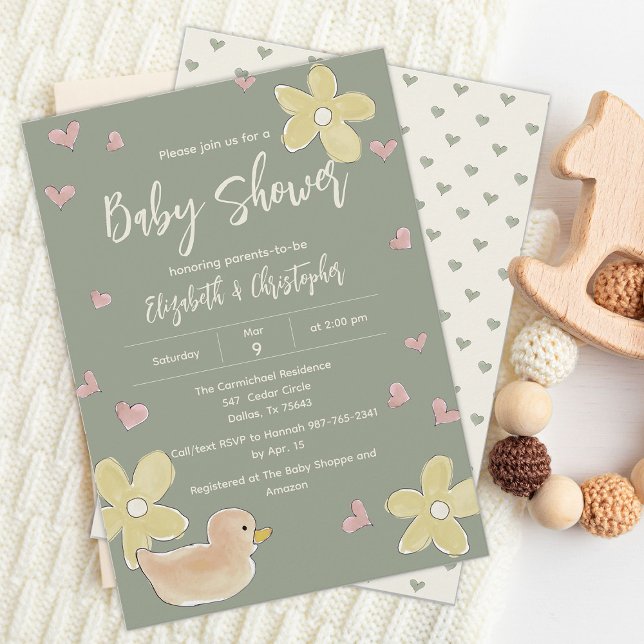 Duck Flowers Hearts Couples Girl Baby Shower Invitation (Creator Uploaded)