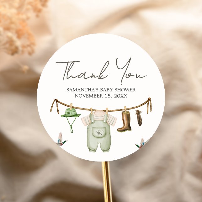Duck Hunting Baby Shower Classic Round Sticker (Little Hunter Duck Baby Shower Sticker)
